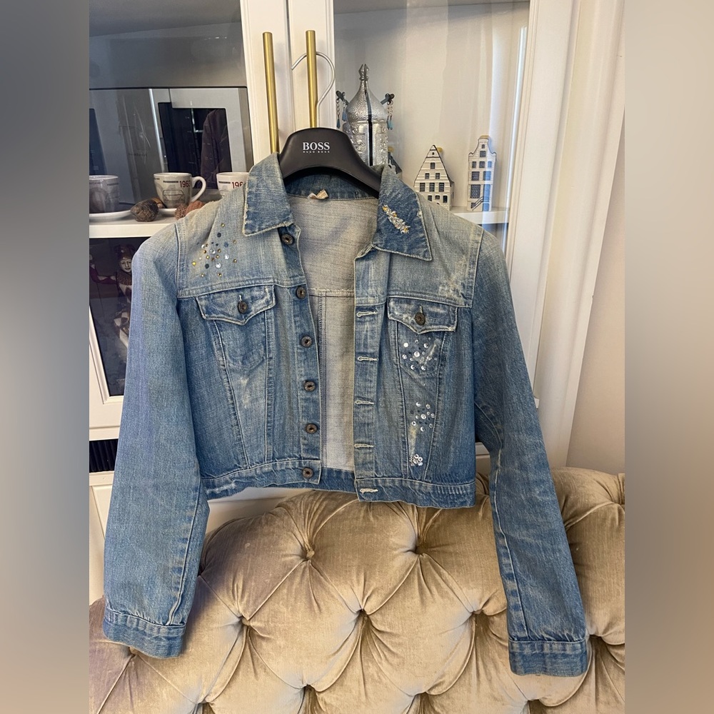 Yupi Du Jean jacket, size small. Some missing stones- Preowned.